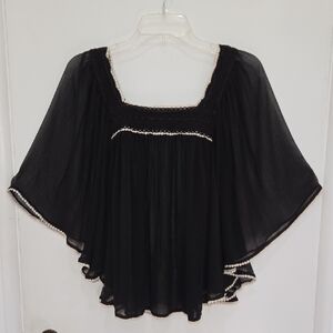 Flowy Black Sheer Women's Whimsigoth Fairy Tunic with Cream Crochet Trim